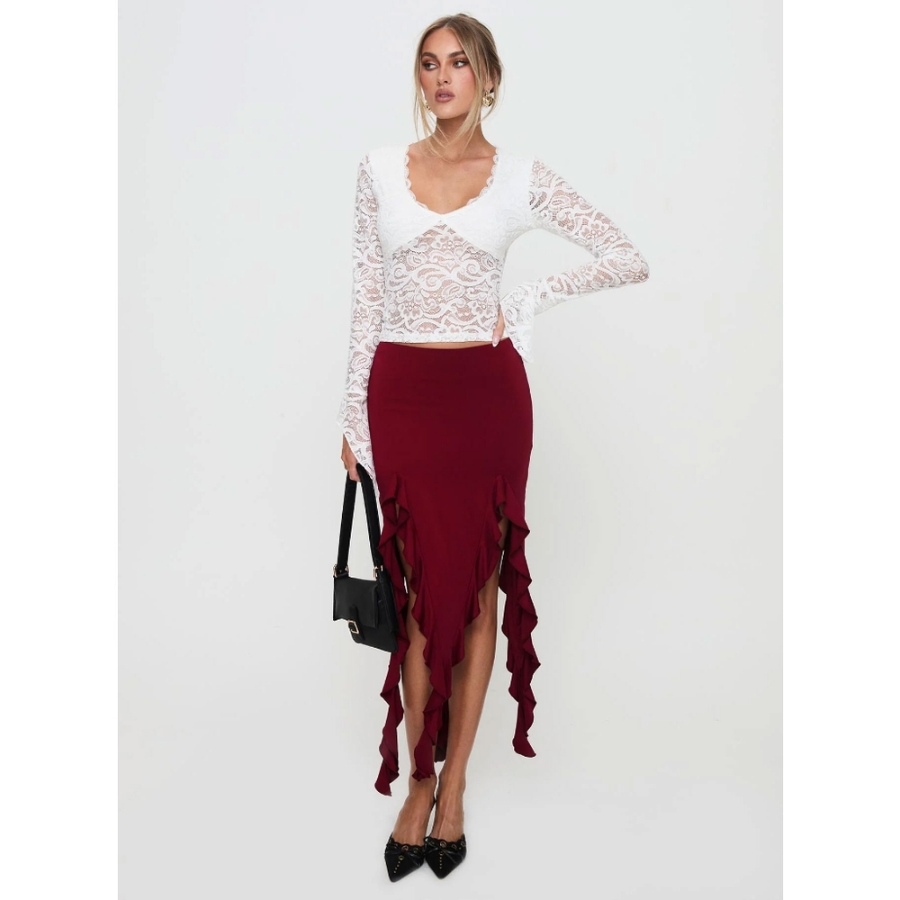 Princess Polly Peachey Asymmetric Ruffle Midi Skirt Burgundy - NWT